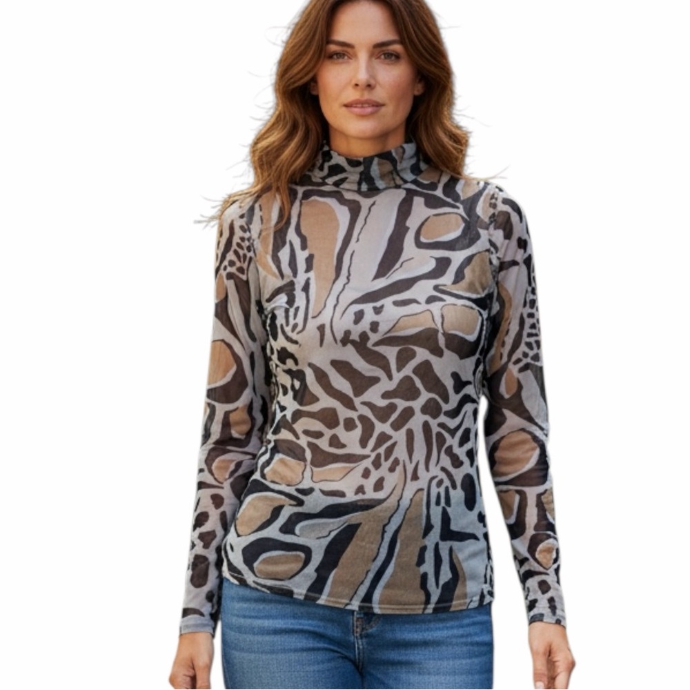 TED BAKER Woman’s Mesh Top Animal Print Mock Neck Sheer - Size 1 (US 4-SM)